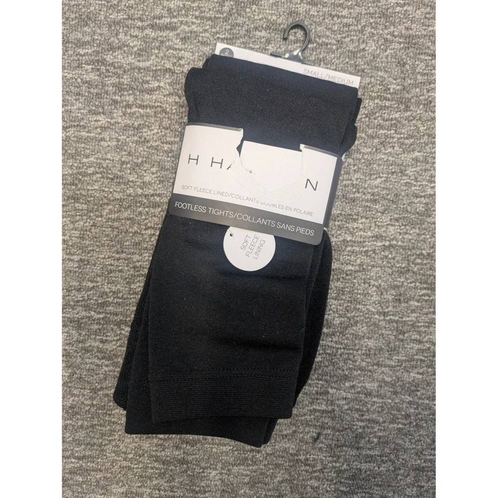 H. Halston Womens 2 Pack Black Fleece Lined Footless‎ Tights S/M